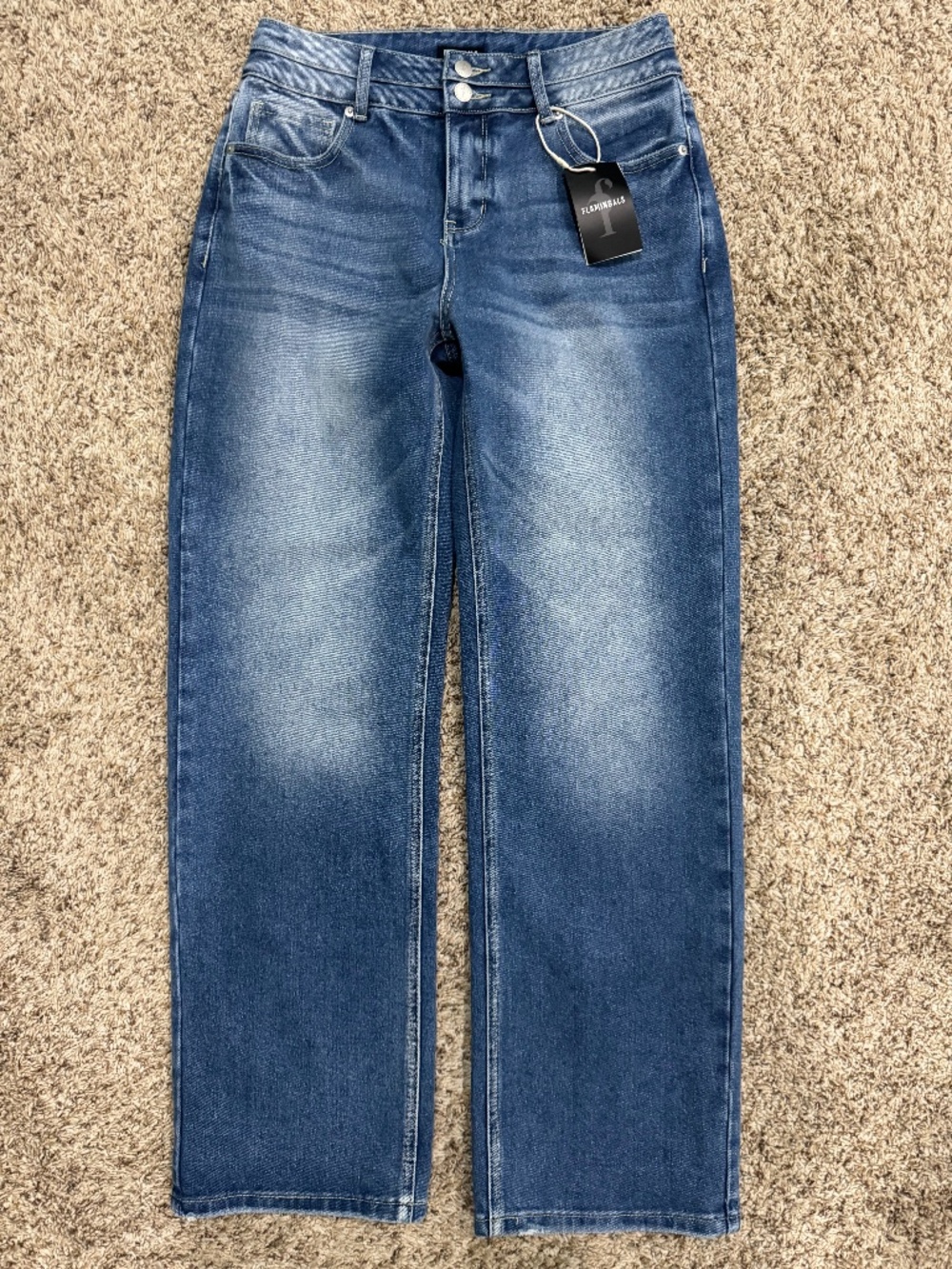 Flamingals Dual Button Mid Rise Washed Blue Jeans Straight Leg Size Medium NWT
